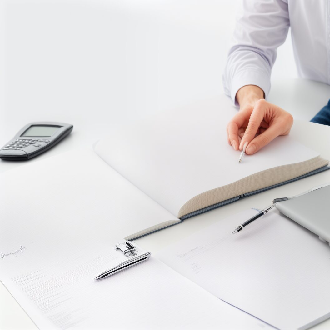Cahier ouvert et feuilles posés sur une table avec une main tenant un stylp